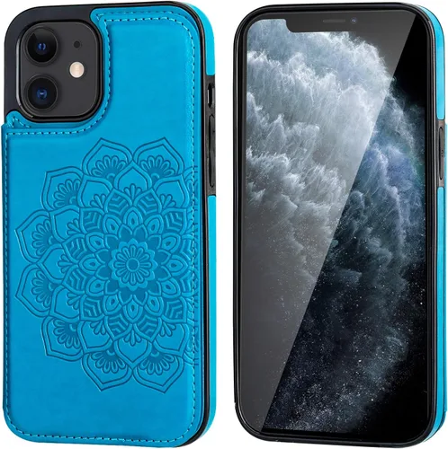Vista 3 de Vaburs Funda compatible con iPhone 12 y iPhone 12 Pro con tarjetero, diseño de mandala en relieve de flor de piel sintética, doble botones
