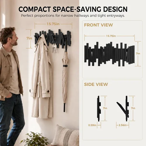 Vista 2 de MinBoo Perchero de Bambú con Múltiples Ganchos - Ganchos Decorativos para Pared Modernos, Únicos, que Ahorran Espacio, Perchero con 4 Ganchos Negro