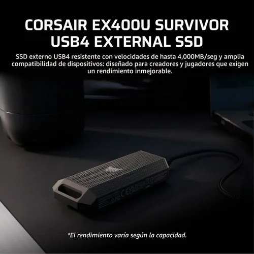 Vista 2 de Corsair EX400U Survivor 1TB USB4 SSD externo – Hasta 4000 MB/s, unidad resistente IP55, Plug & Play para PC, Mac y iPad – Negro
