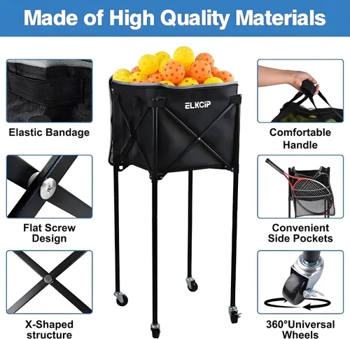 Vista 3 de Portable Pickleball & Tennis Ball Hopper with Wheels, Foldable Sports Balls Teaching Cart, Lightweight Softball Caddy, Large Capacity Baseball