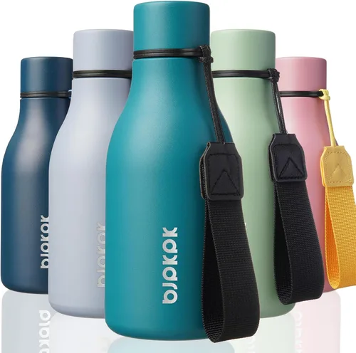 Vista 77 de BJPKPK Botellas de agua aisladas, botella de agua de metal de acero inoxidable de 12 onzas con correa, sin BPA a prueba de fugas, jarras, tazas