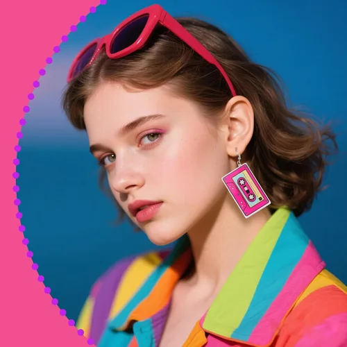Vista 5 de Aretes de los años 70, 80 y 90 para mujer, aretes retro de cinta de cassette acrílica, aretes colgantes para Halloween, cosplay, fiesta brillante