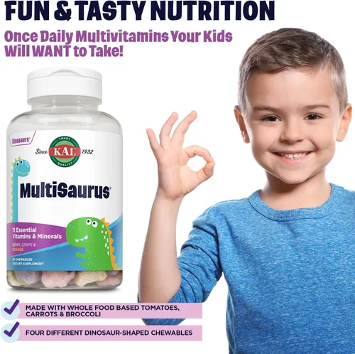 Vista 3 de KAL MultiSaurus - Multivitaminas masticables para niños, 11 vitaminas y minerales esenciales para niños, bayas, uva, naranja, sin gluten y fructosa
