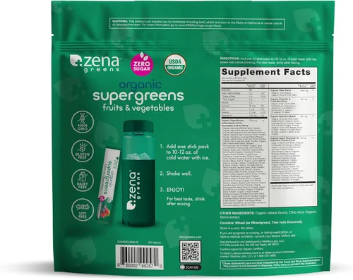 Vista 2 de Zena Nutrition Polvo orgánico Super Greens, más de 70 superalimentos, 0 azúcar, fibra 5G, espirulina, clorella, antioxidantes