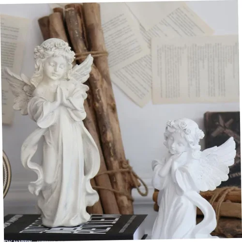 Vista 4 de GANAZONO 1 escultura de niña de ángel, figuras en miniatura, decoración de Navidad, estatua de hada, estatua de jardín, resina querubín, decoración
