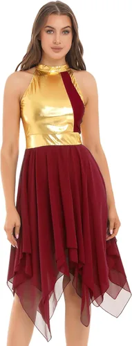 Vista 2 de Vestido de mujer de alabanza litúrgica con bloques de color, sin mangas, con dobladillo irregular, de estilo lírico para danza Borgoña