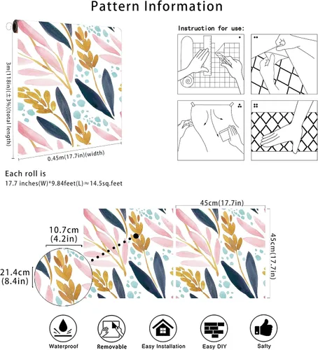 Vista 7 de HaokHome - Papel tapiz adhesivo para repisas, vinilo, bosque en acuarela, diseño floral, color blanco, rosa, azul marino y amarillo, removible, 17.7