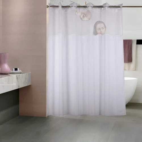 Vista 6 de Cortina de ducha con broches de presión, 70 pulgadas de ancho x 54 pulgadas de alto, cortina de baño de tela de poliéster impermeable con imán