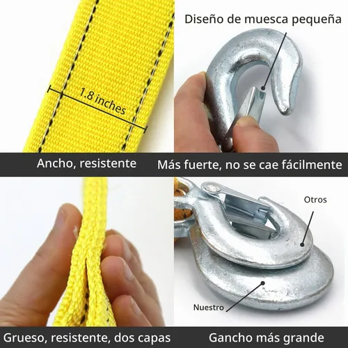Vista 2 de Correa de remolque de servicio pesado con ganchos de seguridad 2" x 16.4' Capacidad de 13200 LB, cuerda de remolque con grillete amarillo