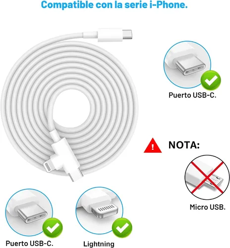 Vista 2 de Cargador de iPhone 17/16/15/14/13/12 de 30W Bloque de Carga Rápida con Cable Largo de 6 Pies de C a Tipo C y Lightning. Carga Rápida para Todos