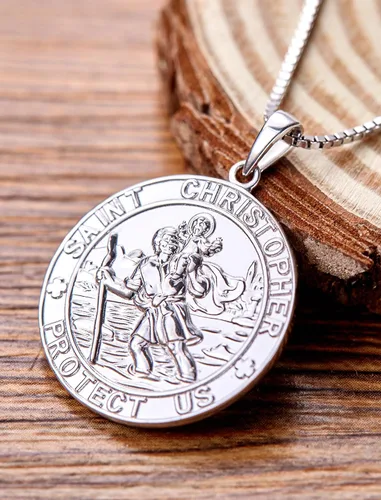 Vista 4 de YL Collar de San Cristóbal, plata de ley 925, medallón redondo grabado personalizado, protector religioso antiguo, colgante de talismán Medalla