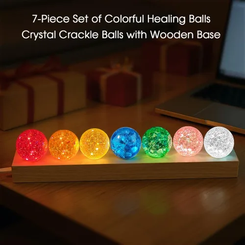 Vista 5 de L LOHAS LED 7 Colores 40mm Bolas de Cristal de Hielo Con Crac Bolas de Chakra de Cristal con Base de Madera LED Bolas de Esfera de Sanación