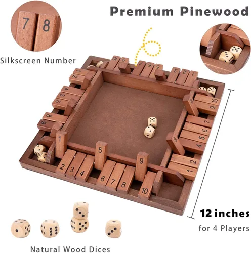 Vista 2 de Shut The Box Juego de madera para 4 jugadores, juego de mesa clásico para niños y adultos, juguete educativo de aprendizaje de matemáticas, juego