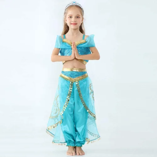 Vista 4 de Girls Jasmine Costume Arabian Princess Jasmine Cosplay Costume with Wig Halloween Party Dress up Costume for Kids