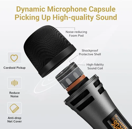 Vista 2 de TONOR Micrófonos Inalámbricos, Sistema de Micrófono UHF Dual para Karaoke, Microfonos Inalámbricos con Receptor Recargable, Micrófono Dinámico