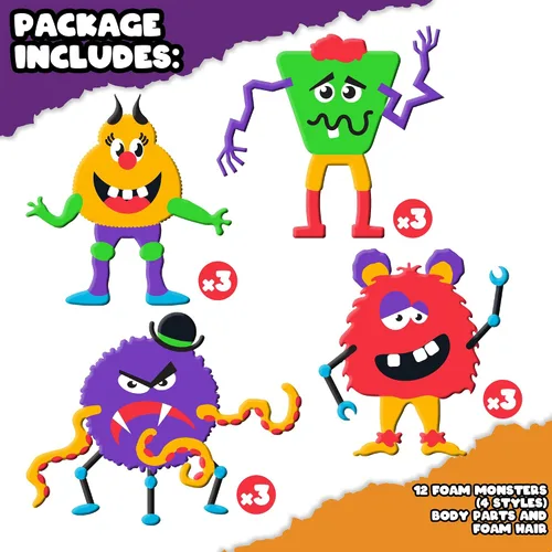 Vista 2 de ArtCreativity Kit de manualidades de monstruo de Halloween para bricolaje, 12 juegos, manualidades de espuma autoadhesiva para niños, sin pegamento