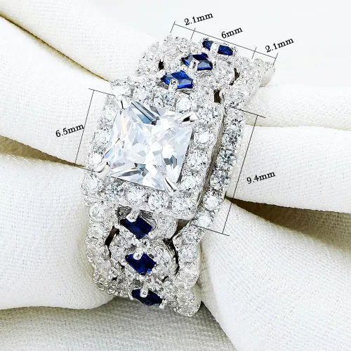 Vista 5 de Newshe - Juego de anillos de compromiso de plata de ley 925, 3 piezas de 2,5 quilates, color blanco, azul, talla 5 10