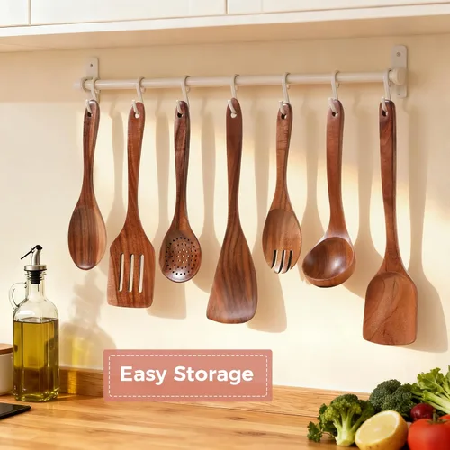 Vista 5 de Cucharas de Madera para Cocinar - Juego de 7 Piezas de Utensilios de Cocina de Madera, Juego de Utensilios de Madera de Teca Natural Suave