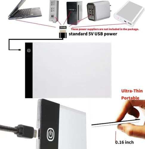 Vista 6 de Pequeña caja de luz LED portátil ultrafina A5 para trazado, tablero de almohadilla de trazador regulable, brillo ajustable para artistas, dibujo