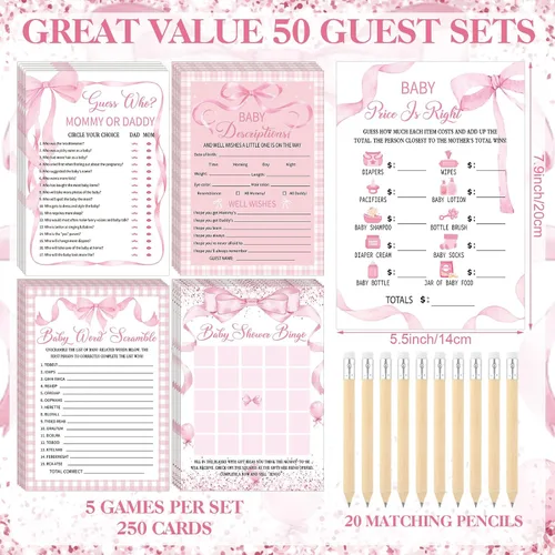 Vista 5 de Patelai Juego de 321 decoraciones de baby shower de lazo rosa 5 juegos incluyen cinta rosa Baby Shower Bingo Word Scramble Descripción El precio