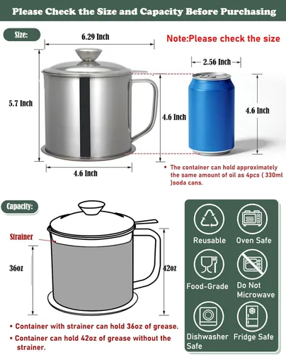 Vista 2 de Tellshun Recipiente de grasa de tocino con colador de 1.25 L / 42 oz fuerte atrapador de cocina de acero inoxidable de grado alimenticio con tapa