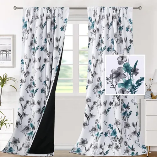 Vista 9 de H.VERSAILTEX cenefas de cortina 100% opacas para ventanas de cocina, juego de 2 paneles, estampado floral Cattleya Leah, cenefas térmicas aisladas