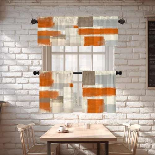 Vista 2 de Shrahala Beige and Orange Abstract Art Brushstrokes Blackout Curtain Tiers, Abstract Oil Paint Kitchen Valance Light Blocking Tier Drapes with Rod