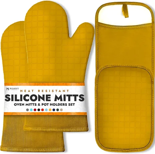 Vista 42 de HOMWE - Manopla de horno profesional y extralarga de silicona, guantes con forro acolchado, agarraderas resistentes al calor, guantes flexibles