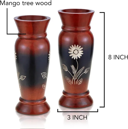 Vista 5 de AeraVida Juego de jarrones de madera de mango de 8 pulgadas con flores rojas vintage (2 piezas) Jarrones de madera rústicos hechos a mano