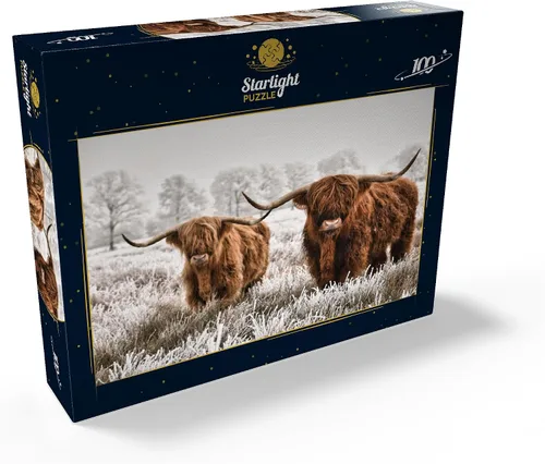 Vista 2 de MyPuzzle Hairy Scottish Highland Cattle in A Winter Landscape - Rompecabezas prémium de 100 piezas para adultos