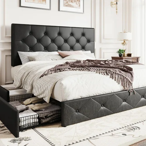 Vista 15 de SHA CERLIN Base de cama de plataforma tamaño matrimonial tapizada con 4 cajones de almacenamiento, cabecero ajustable con diseño cosido en cuadrados