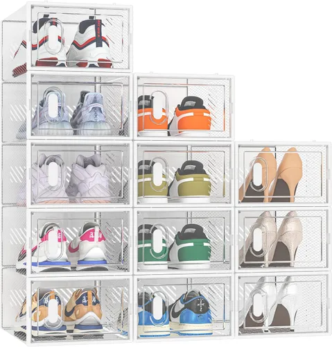 Vista 10 de SIMPDIY Almacenamiento de zapatos, paquete de 12 organizadores de zapatos para armario, cajas de zapatos apilables de plástico transparente con Negro