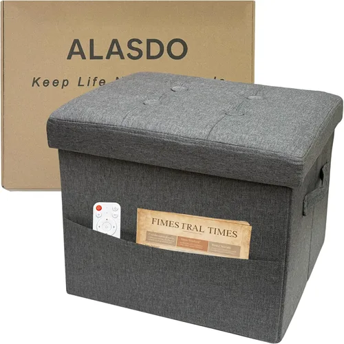 Vista 8 de ALASDO Reposapiés otomano de almacenamiento, otomano pequeño con almacenamiento, otomano plegable, reposapiés, banco para sala de estar, 17 x 13 x
