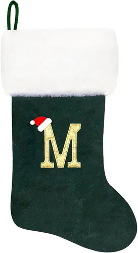 Vista 34 de Calcetines de Navidad bordados de 20 pulgadas con monograma, terciopelo negro con puño de felpa blanca supersuave, adornos clásicos para decoración
