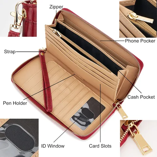 Vista 6 de WOZEAH - Cartera de piel sintética con cremallera y bloqueo RFID para mujer, ideal para viajar
