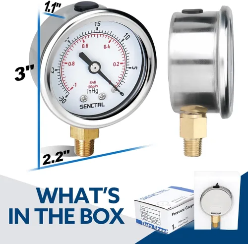 Vista 6 de SENCTRL - Medidor de presión de vacío de 30inHg, esfera de 2", NPT de 1/8, montaje inferior, estuche de acero inoxidable, resistente al agua