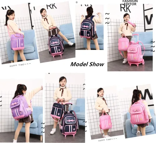 Vista 7 de Mochila de princesa rodante con lazo mochila de escuela primaria para niñas mochila con ruedas con bolso Girl Dark Blue 6 Wheels 6 wheels