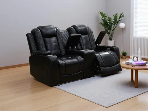 Vista 14 de Sofá reclinable de cuero transpirable con luz LED, sofá modular eléctrico con consola de almacenamiento, soporte para tazas para cine en casa, sala