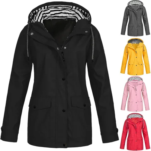 Vista 3 de Abrigos de lluvia para mujer, talla grande, impermeable, chaqueta con capucha, cortavientos, ligera, con bolsillos con cordón