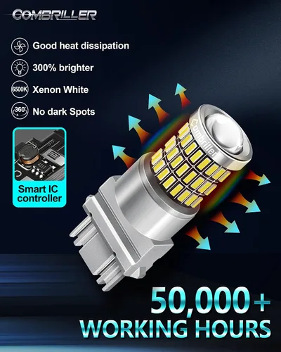 Vista 4 de Combriller 3157 Bombilla LED blanca 6000K, 3056 3156 3057 4157 LED con proyector de repuesto para luces LED de reversa, bombilla de señal de giro