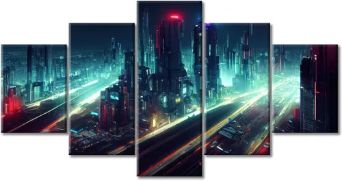 Vista 17 de Cuadros de 5 paneles de Cyberpunk City, arte de pared, representación de vallas publicitarias, edificios modernos en la capital con obras de arte