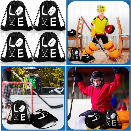 Vista 6 de Sinmoe 12 bolsas de regalo de hockey para fiestas de hockey, bolsas de regalo para fiestas de hockey deportivo, bolsa con cordón, regalos de fiesta