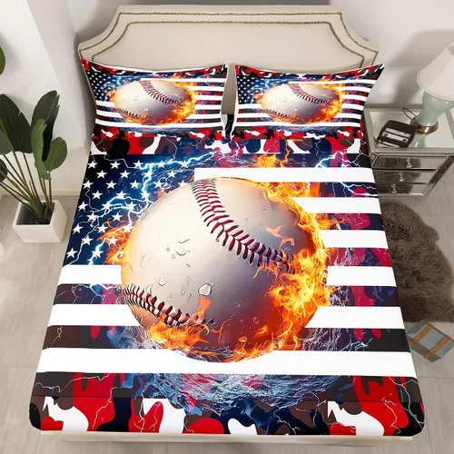 Vista 35 de Erosebridal American Flag Fitted Sheet Twin, Hockey Bedding Set United States Sports Games Bed Sheets for Kids Boys Teens Bedroom, Red White
