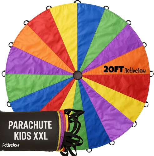 Vista 12 de Activejoy - Paracaídas para niños - 8 pies/12 pies/20 pies / 24 pies - Juguete de paracaídas arcoíris con asas - Ideal para clases de gimnasio, día