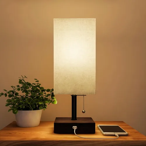 Vista 8 de Lavish Home Juego de lámpara de mesa pequeña con base de madera, juego de 2 luces rectangulares modernas con bombilla LED que incluye decoración