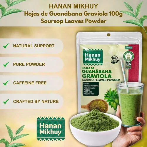 Vista 2 de HANAN MIKHUY Hojas de Guanábana 3.53 oz - Polvo de hoja de guanábana 100% natural de graviola para protección hepática, vitalidad y bienestar