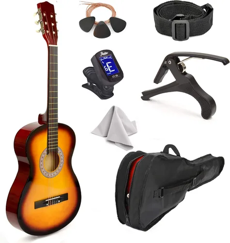 Vista 6 de Guitarra de madera para zurdos de 30 pulgadas con estuche y accesorios para niños, niñas, niños, adolescentes, principiantes (30 pulgadas, negro)