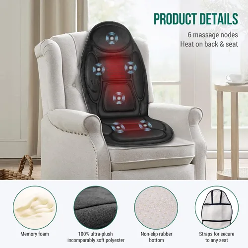 Vista 6 de Snailax - Masajeador de Espalda con Calor, Cojín de Masaje de Espuma Viscoelástica para Silla, 5 Modos de Masaje y 2 Ajustes de Calor, Masajeador