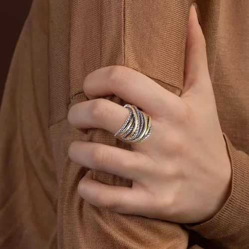 Vista 2 de Mytys - Anillos de banda ancha trenzados, anillo de cuerda torcida, anillos de declaración trenzados de dos tonos de metal mixto, joyería de moda