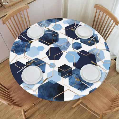 Vista 2 de Mantel redondo geométrico azul y blanco con bordes elásticos para mesas de hasta 45 a 50 pulgadas de diámetro